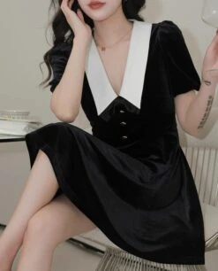 Black Pointed Collar Velvet Dress | Sana - Twice 15 Black Pointed Collar Velvet Dress | Sana - Twice -Amped Apparel Sana Twice Black Pointed Collar Velvet Dress 8 600x743 1