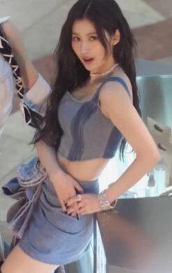 Blue Flower Embellished Denim Skirt | Sana - Twice -Amped Apparel Sana Twice Blue Flower Embellished Denim Skirt 1