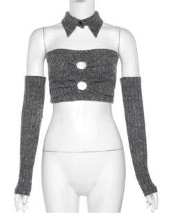 Grey Collared Top With Arm Sleeves | Sana - Twice -Amped Apparel Sana Twice Grey Collared Top With Arm Sleeves 6 600x747 1