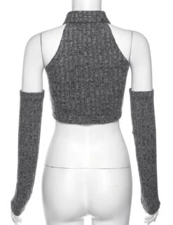 Grey Collared Top With Arm Sleeves | Sana - Twice -Amped Apparel Sana Twice Grey Collared Top With Arm Sleeves 8