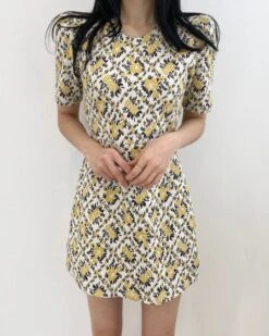 Yellow Floral Puff Sleeve Dress | Sana - Twice -Amped Apparel Sana Twice Yellow Floral Puff Sleeve Dress 1