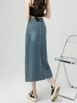 Blue Denim Tattered Midi Skirt | Seeun - STAYC -Amped Apparel Seeun Stayc Blue Denim Tattered Midi Skirt 1 600x800 1