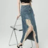 Blue Denim Tattered Midi Skirt | Seeun - STAYC -Amped Apparel Seeun Stayc Blue Denim Tattered Midi Skirt 2 600x800 1