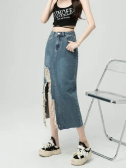 Blue Denim Tattered Midi Skirt | Seeun - STAYC -Amped Apparel Seeun Stayc Blue Denim Tattered Midi Skirt 4 600x800 1