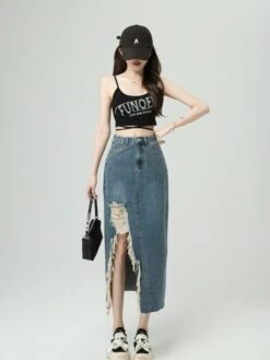 Blue Denim Tattered Midi Skirt | Seeun - STAYC -Amped Apparel Seeun Stayc Blue Denim Tattered Midi Skirt 5 600x798 1