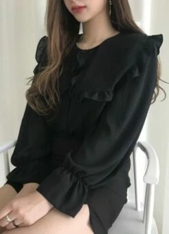 Black Ruffled Chiffon Blouse | Seulgi - Red Velvet -Amped Apparel Seulgi Red Velvet Black Rulffled Chiffon Top 3 e1643903332435