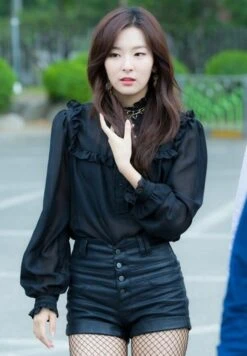 Black Ruffled Chiffon Blouse | Seulgi - Red Velvet -Amped Apparel Seulgi Red Velvet Black Rulffled Chiffon Top e1643903248646 600x865 1