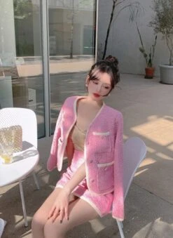 Pink Tweed Jacket And Skirt Set | Somi -Amped Apparel Somi Pink Tweed Jacket And Skirt Set 22 600x823 1