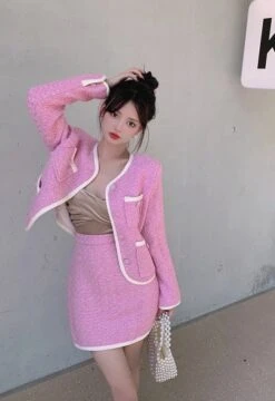 Pink Tweed Jacket And Skirt Set | Somi -Amped Apparel Somi Pink Tweed Jacket And Skirt Set 24