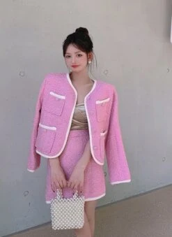 Pink Tweed Jacket And Skirt Set | Somi -Amped Apparel Somi Pink Tweed Jacket And Skirt Set 25