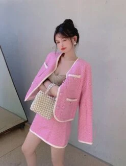 Pink Tweed Jacket And Skirt Set | Somi -Amped Apparel Somi Pink Tweed Jacket And Skirt Set 26