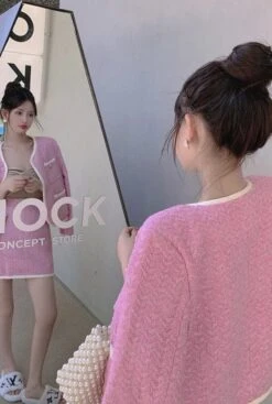 Pink Tweed Jacket And Skirt Set | Somi -Amped Apparel Somi Pink Tweed Jacket And Skirt Set 27 600x892 1