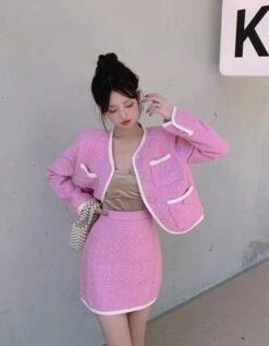 Pink Tweed Jacket And Skirt Set | Somi -Amped Apparel Somi Pink Tweed Jacket And Skirt Set 30 600x770 1