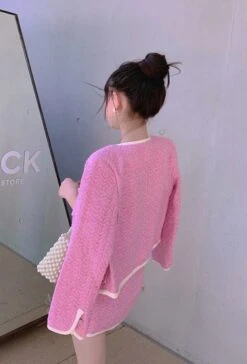 Pink Tweed Jacket And Skirt Set | Somi -Amped Apparel Somi Pink Tweed Jacket And Skirt Set 31 600x884 1