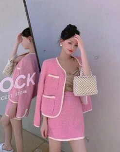 Pink Tweed Jacket And Skirt Set | Somi -Amped Apparel Somi Pink Tweed Jacket And Skirt Set 32 600x757 1