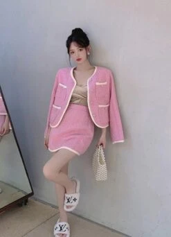 Pink Tweed Jacket And Skirt Set | Somi -Amped Apparel Somi Pink Tweed Jacket And Skirt Set 35 600x830 1