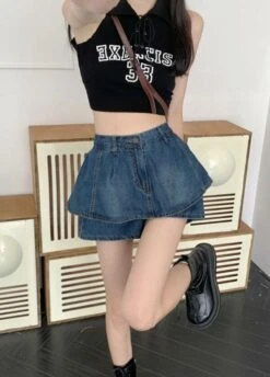 Blue Denim Layered Skorts | Sullyoon - NMIXX -Amped Apparel Sullyoon Blue Denim Layered Skorts 10 600x836 1