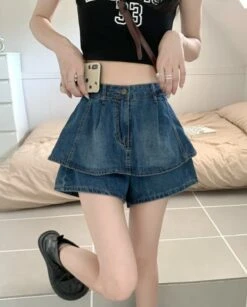 Blue Denim Layered Skorts | Sullyoon - NMIXX -Amped Apparel Sullyoon Blue Denim Layered Skorts 11 600x745 1