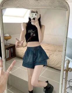 Blue Denim Layered Skorts | Sullyoon - NMIXX -Amped Apparel Sullyoon Blue Denim Layered Skorts 2 600x768 1