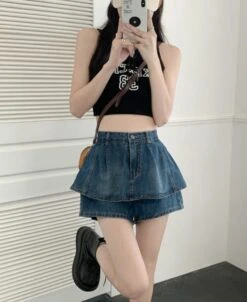 Blue Denim Layered Skorts | Sullyoon - NMIXX -Amped Apparel Sullyoon Blue Denim Layered Skorts 4 600x733 1