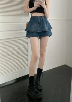 Blue Denim Layered Skorts | Sullyoon - NMIXX -Amped Apparel Sullyoon Blue Denim Layered Skorts 5 600x845 1