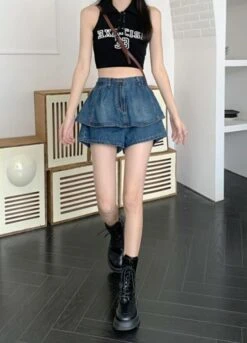 Blue Denim Layered Skorts | Sullyoon - NMIXX -Amped Apparel Sullyoon Blue Denim Layered Skorts 8 600x832 1