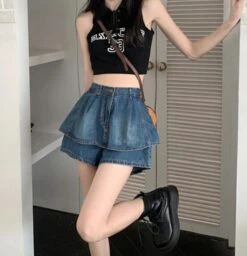 Blue Denim Layered Skorts | Sullyoon - NMIXX -Amped Apparel Sullyoon Blue Denim Layered Skorts 9 600x622 1