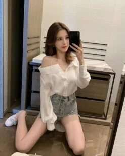 White Asymmetrical Off Shoulder Blouse | Nayeon - Twice -Amped Apparel White Asymmetrical Off Shoulder Blouse Nayeon Twice 1