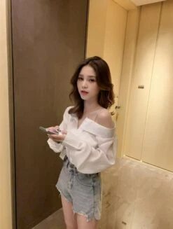 White Asymmetrical Off Shoulder Blouse | Nayeon - Twice -Amped Apparel White Asymmetrical Off Shoulder Blouse Nayeon Twice 12 600x795 1