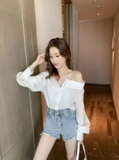 White Asymmetrical Off Shoulder Blouse | Nayeon - Twice -Amped Apparel White Asymmetrical Off Shoulder Blouse Nayeon Twice 16 600x801 1