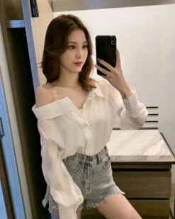 White Asymmetrical Off Shoulder Blouse | Nayeon - Twice -Amped Apparel White Asymmetrical Off Shoulder Blouse Nayeon Twice 2