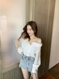 White Asymmetrical Off Shoulder Blouse | Nayeon - Twice -Amped Apparel White Asymmetrical Off Shoulder Blouse Nayeon Twice 3 600x796 1