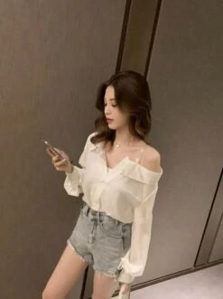 White Asymmetrical Off Shoulder Blouse | Nayeon - Twice -Amped Apparel White Asymmetrical Off Shoulder Blouse Nayeon Twice 4 600x803 1