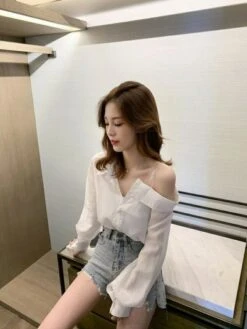 White Asymmetrical Off Shoulder Blouse | Nayeon - Twice -Amped Apparel White Asymmetrical Off Shoulder Blouse Nayeon Twice 5 600x798 1