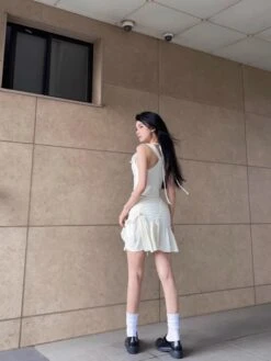 White Drawstrings Flowy Skirt | Kazuha - Le Sserafim -Amped Apparel White Drawstrings Flowy Skirt Kazuha Le Sserafim 4 600x799 1