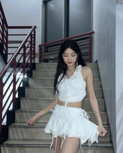 White Drawstrings Flowy Skirt | Kazuha - Le Sserafim -Amped Apparel White Drawstrings Flowy Skirt Kazuha Le Sserafim Idol 2 600x750 1