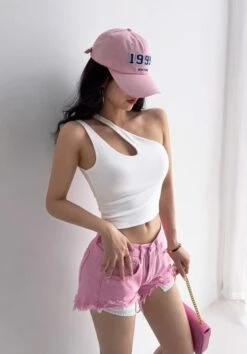 White Dual Strapped One Shoulder Crop Top | Gaeul - IVE