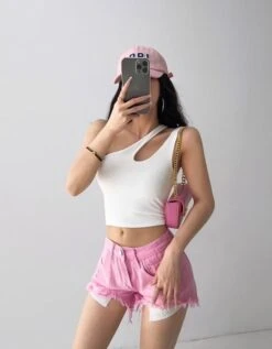 White Dual Strapped One Shoulder Crop Top | Gaeul - IVE -Amped Apparel White Dual Strapped One Shoulder Crop Top Gaeul IVE 22 600x770 1