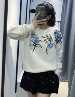 White Flower Embroidered Knitted Sweater | Eunwoo - Astro