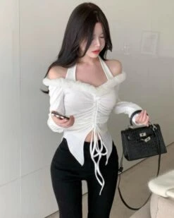 White Fur Off-Shoulder Drawstring Top | Karina - Aespa -Amped Apparel White Fur Off Shoulder Drawstring Top Karina Aespa 2 600x750 1
