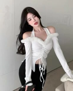 White Fur Off-Shoulder Drawstring Top | Karina - Aespa -Amped Apparel White Fur Off Shoulder Drawstring Top Karina Aespa 4 600x750 1