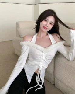 White Fur Off-Shoulder Drawstring Top | Karina - Aespa -Amped Apparel White Fur Off Shoulder Drawstring Top Karina Aespa 6 600x750 1