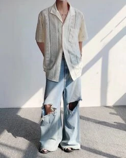 White Lace Button-Down Short Sleeves Shirt | Mingi - ATEEZ -Amped Apparel White Lace Butto Down Short Sleeves Shirt Mingi ATEEZ 3