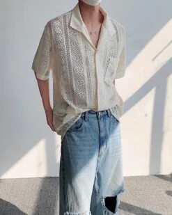 White Lace Button-Down Short Sleeves Shirt | Mingi - ATEEZ -Amped Apparel White Lace Butto Down Short Sleeves Shirt Mingi ATEEZ 4