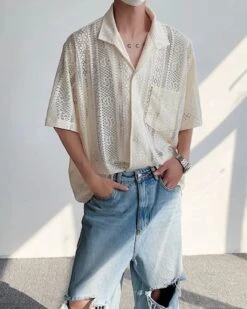 White Lace Button-Down Short Sleeves Shirt | Mingi - ATEEZ -Amped Apparel White Lace Butto Down Short Sleeves Shirt Mingi ATEEZ 5