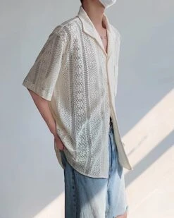 White Lace Button-Down Short Sleeves Shirt | Mingi - ATEEZ -Amped Apparel White Lace Butto Down Short Sleeves Shirt Mingi ATEEZ 7
