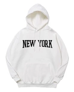 White New York Print Hoodie | Hyunjin - Stray Kids