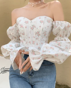 White Puffed Off-Shoulders Fishbone Top | Gahyeon - Dreamcatcher -Amped Apparel White Puffed Off Shoulders Fishbone Top Gahyeon Dreamcatcher 1 600x750 1