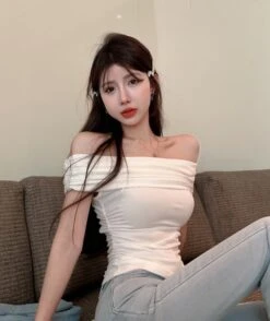 White Ruched Off-Shoulders Top | Karina - Aespa -Amped Apparel White Ruched Off Shoulders Top Karina Aespa 6 600x715 1