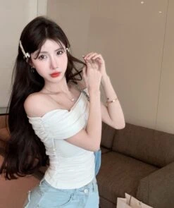 White Ruched Off-Shoulders Top | Karina - Aespa -Amped Apparel White Ruched Off Shoulders Top Karina Aespa 7 600x716 1